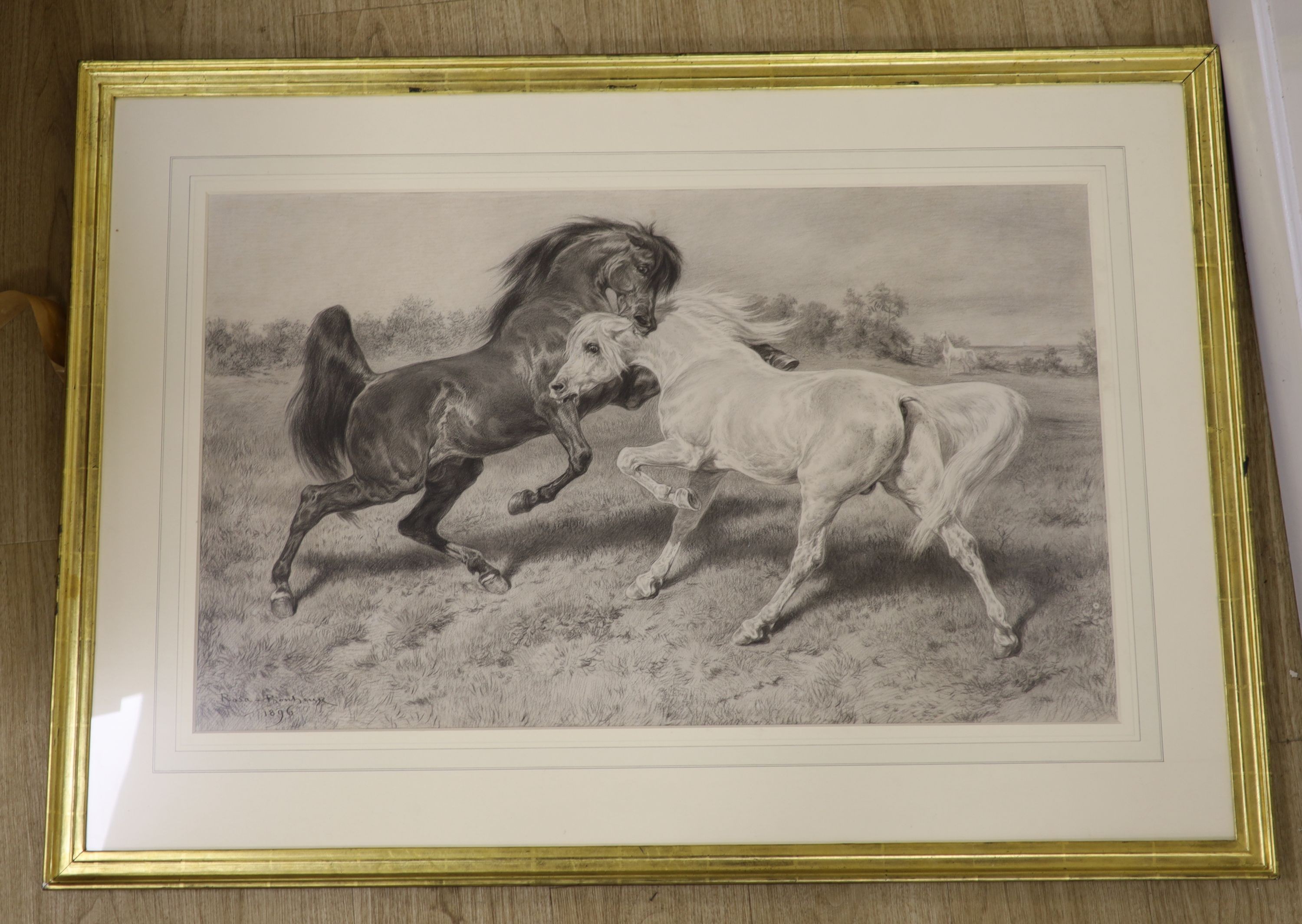 Rosa Bonheur (1822-1899), charcoal and chalk, Stallion and mare, signed and dated 1896, 52 x 84cm